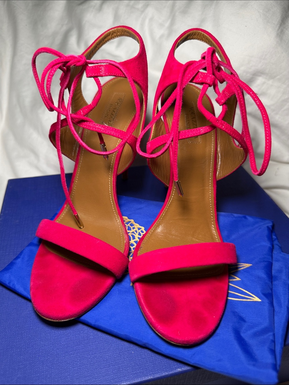 Aquazzura Hot Pink Suede Lace-Up Heeled Sandals